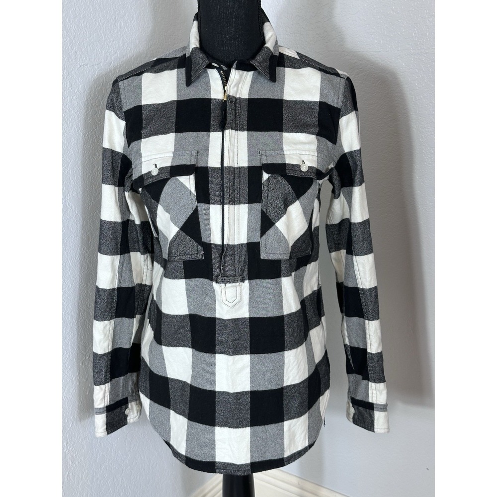 J. Crew Flannel Pullover Shirt, Women's XXS Half Zip, BlackBuffalo Plaid